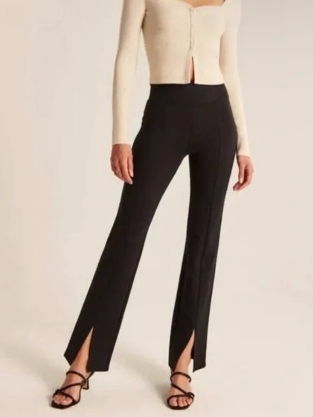 Abercrombie and Fitch Black Stretchy Ponte Split Slit Flare Hem Leggings Pants - Picture 5 of 8